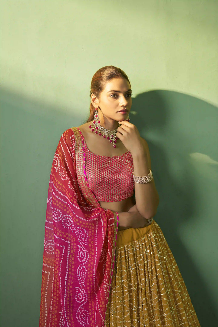 Sophisticated Mustard Georgette Lehenga with Pink Dupatta | Elegance Redefined for Brides