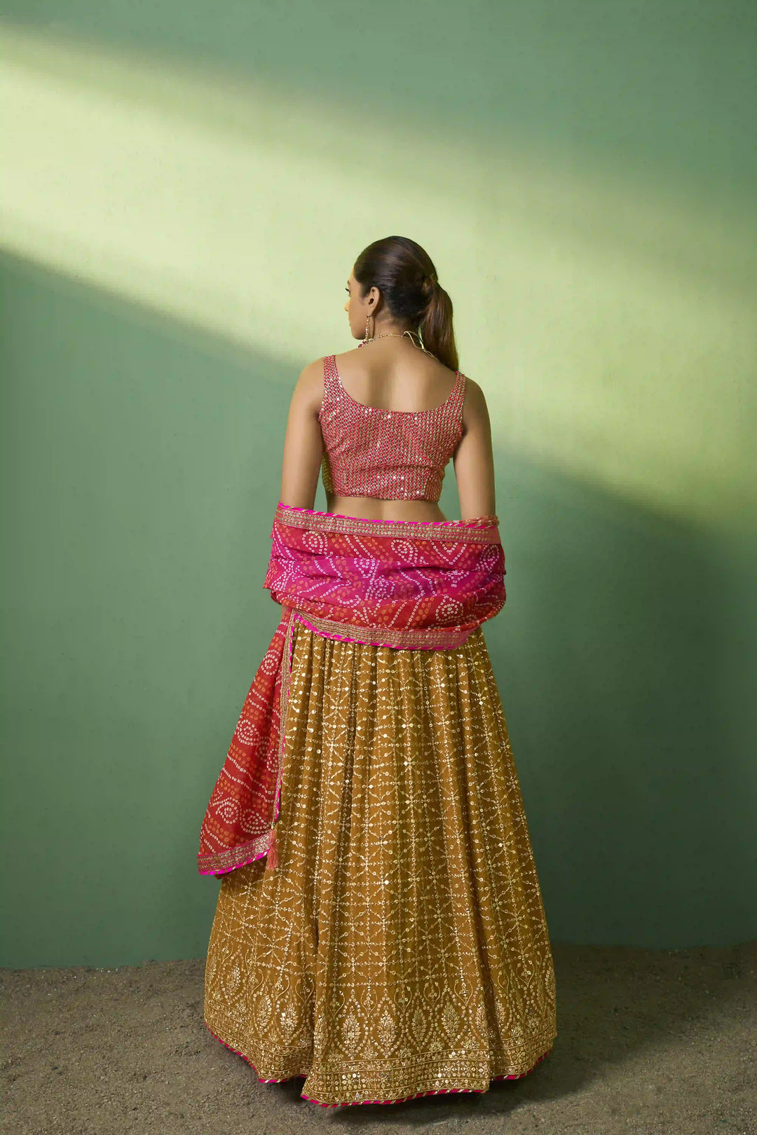 Sophisticated Mustard Georgette Lehenga with Pink Dupatta | Elegance Redefined for Brides