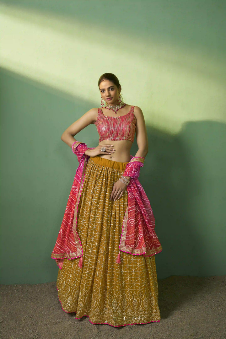 Sophisticated Mustard Georgette Lehenga with Pink Dupatta | Elegance Redefined for Brides