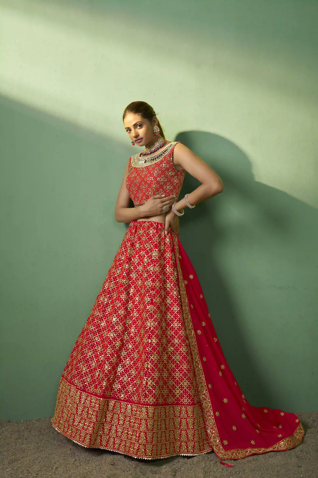 Luxurious Red Georgette Lehenga with Red Dupatta | A Captivating Traditional Ensemble