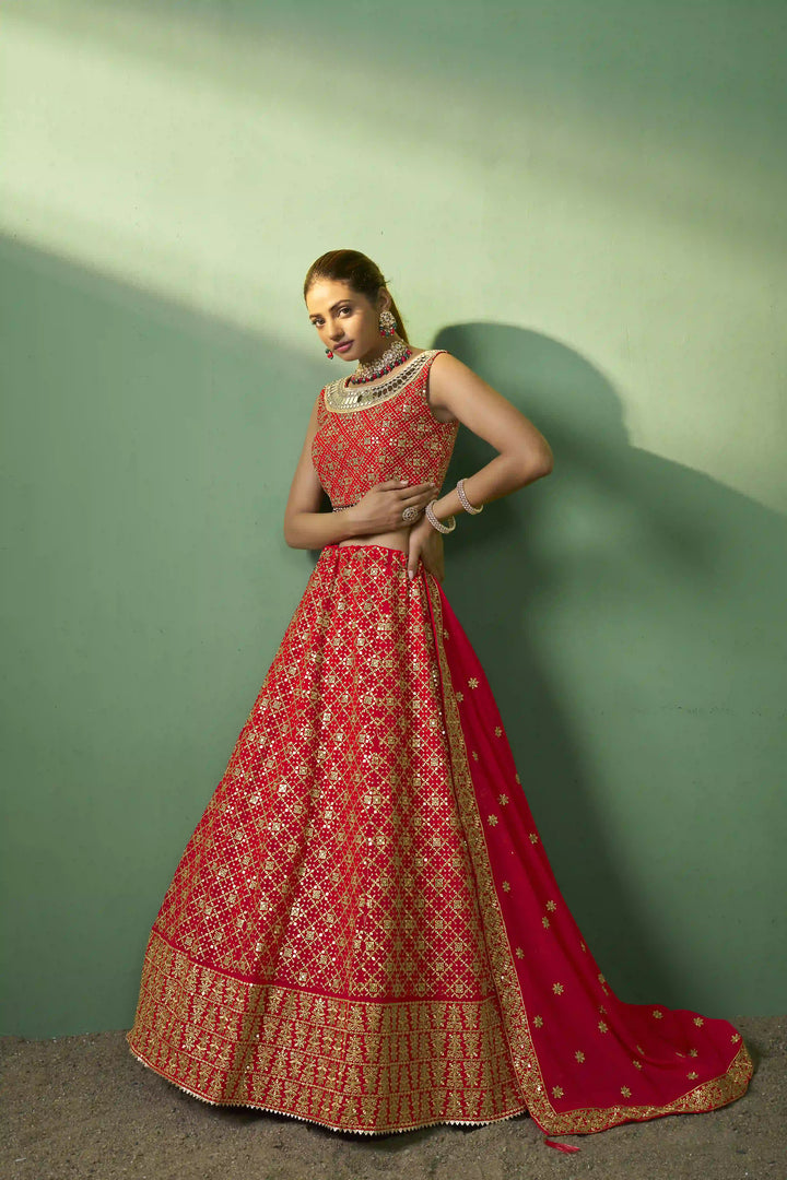 Luxurious Red Georgette Lehenga with Red Dupatta | A Captivating Traditional Ensemble