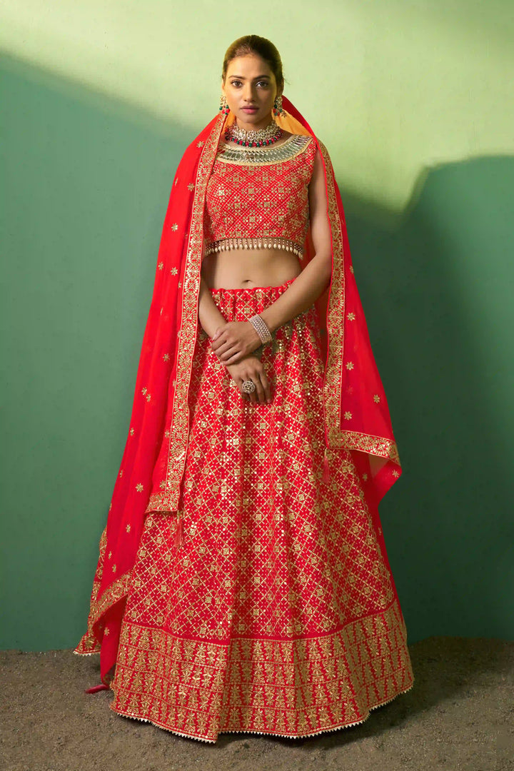 Luxurious Red Georgette Lehenga with Red Dupatta | A Captivating Traditional Ensemble