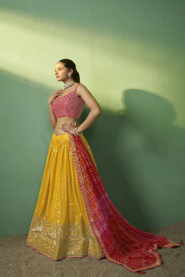Gorgeous Mustard Georgette Lehenga with Red Dupatta | An Exclusive Designer Masterpiece