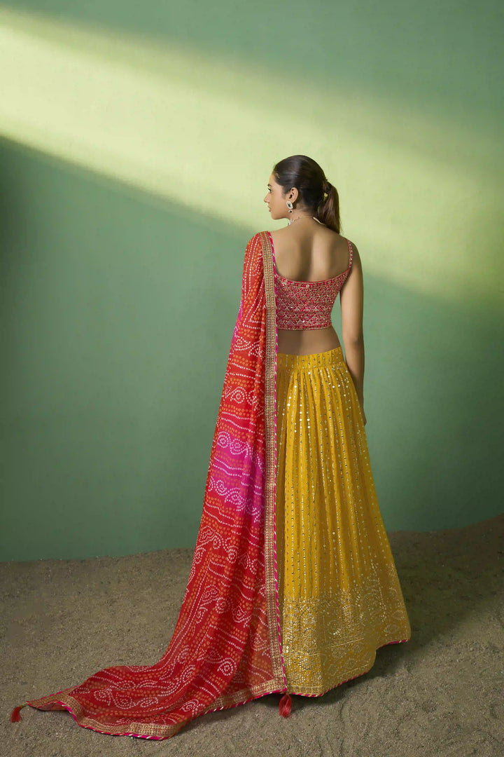 Gorgeous Mustard Georgette Lehenga with Red Dupatta | An Exclusive Designer Masterpiece