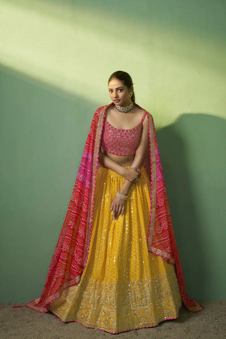 Gorgeous Mustard Georgette Lehenga with Red Dupatta | An Exclusive Designer Masterpiece