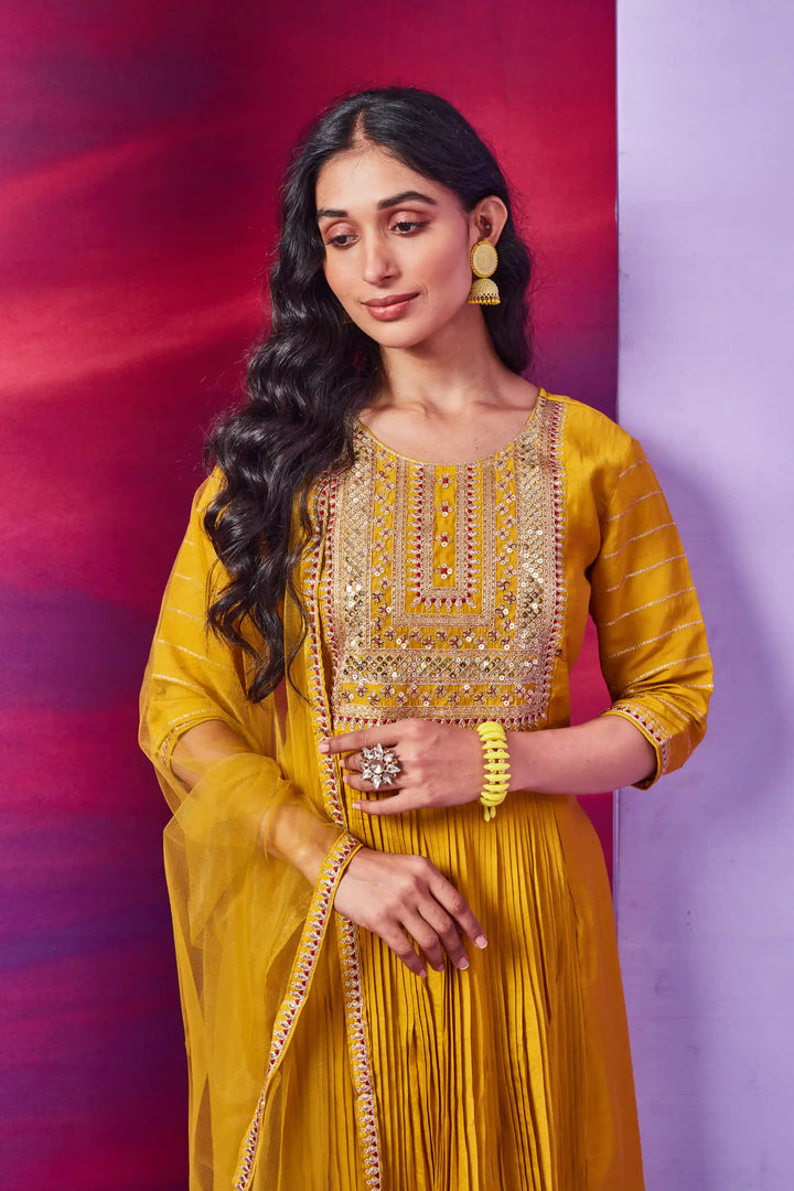 Readymade Mustard Kurti Set | Chanderi Silk with Crush and Embroidery Work
