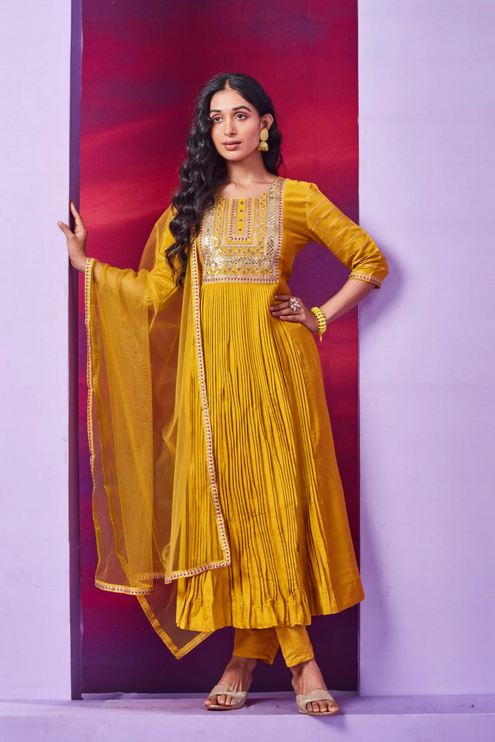 Readymade Mustard Kurti Set | Chanderi Silk with Crush and Embroidery Work