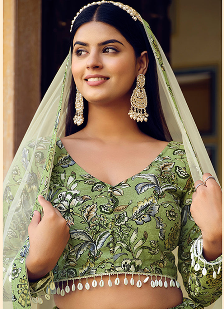 Breathtaking Green Silk Lehenga with White Dupatta | Crafted for Timeless Elegance