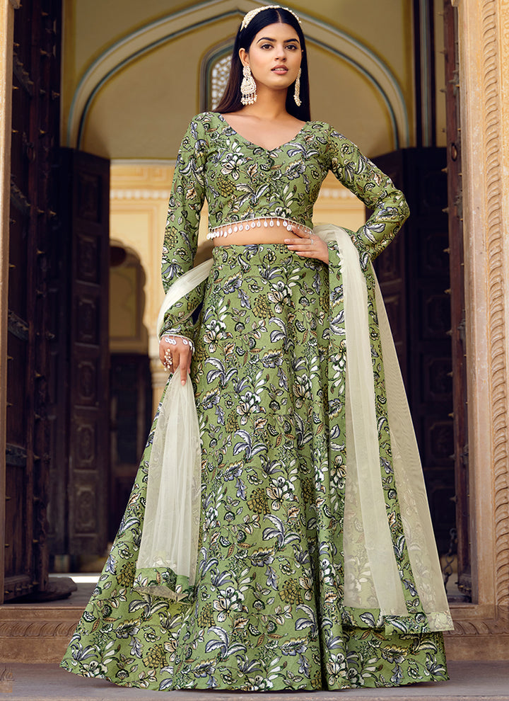 Breathtaking Green Silk Lehenga with White Dupatta | Crafted for Timeless Elegance