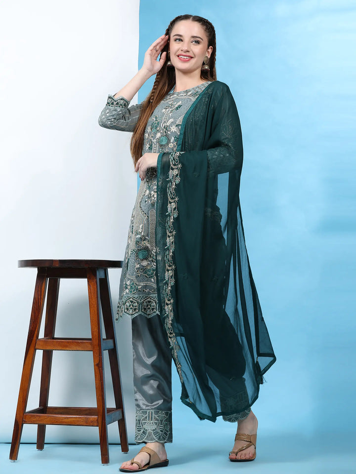Semi-Stitched Kurtis Set | Faux Georgette Embroidered with Nazmin Dupatta