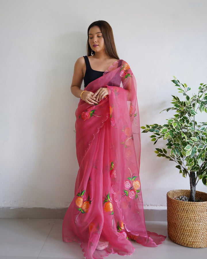 Partywear Organza Saree | Designer Foil Print with Cut Work Detailing