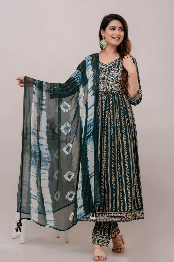 Stylish Ready-Made Green Kurti | V-Neck & Chiffon Dupatta for Elegance