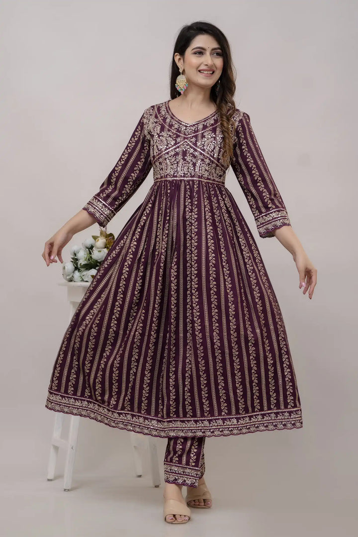 Elegant Wine Kurti Set | Rayon Cotton with Digital Print & Embroidery