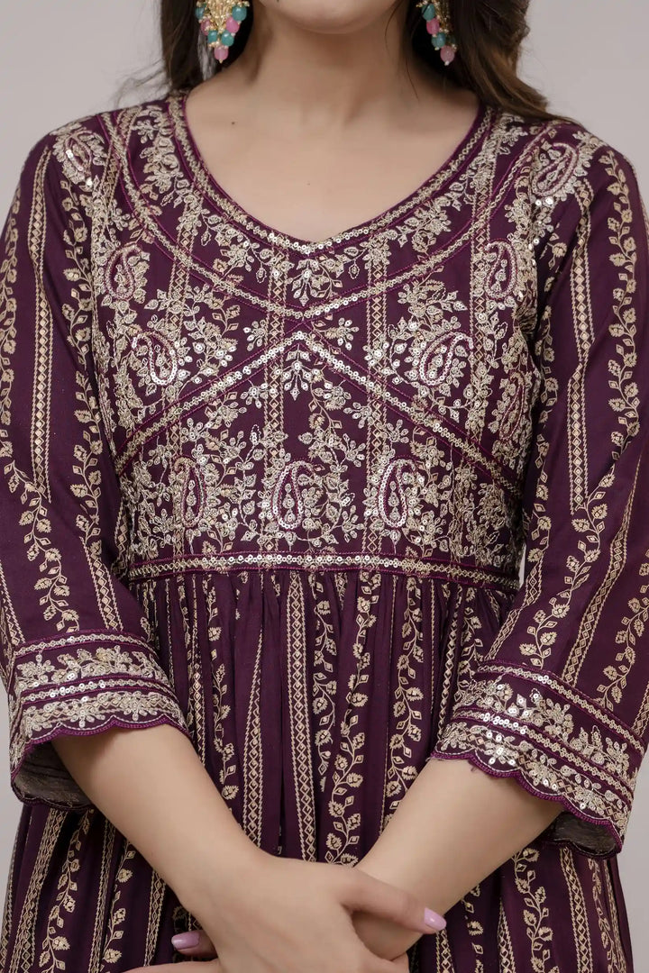 Elegant Wine Kurti Set | Rayon Cotton with Digital Print & Embroidery