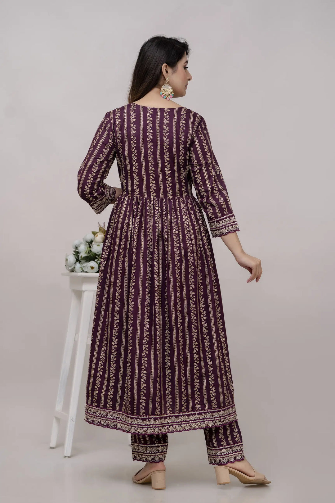 Elegant Wine Kurti Set | Rayon Cotton with Digital Print & Embroidery