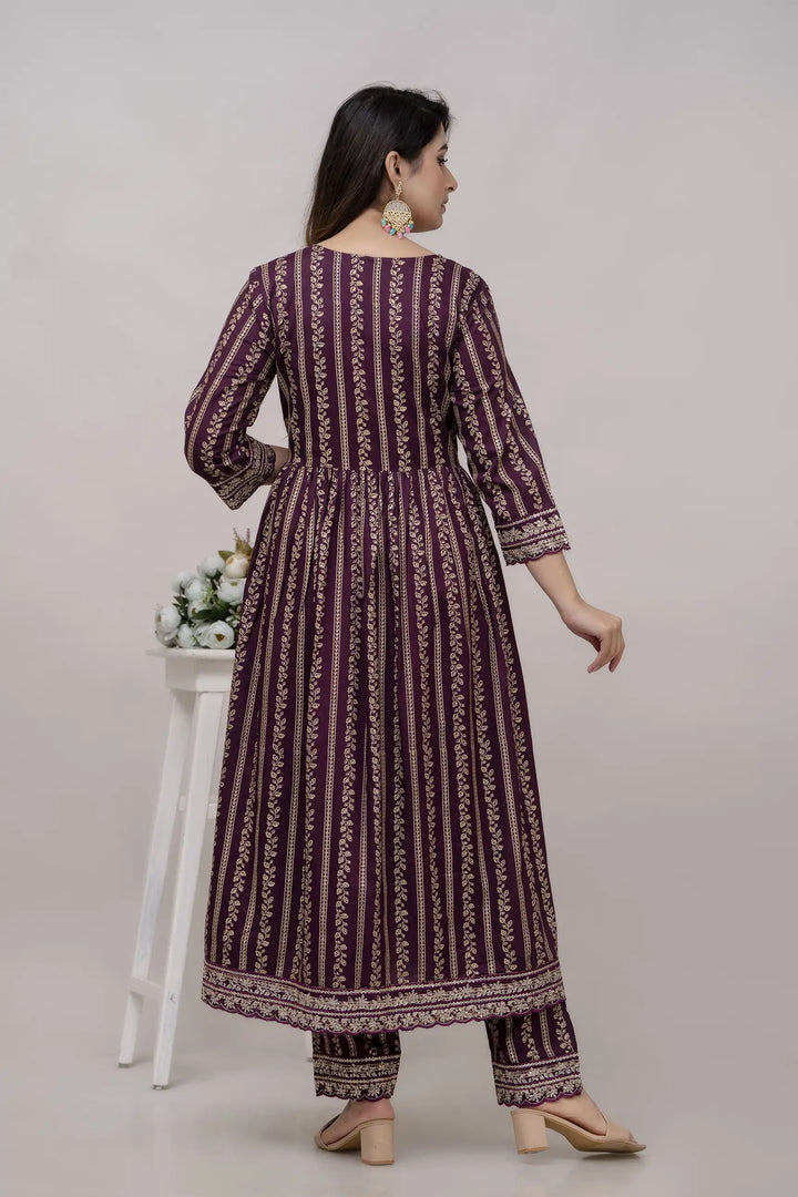 Elegant Wine Kurti Set | Rayon Cotton with Digital Print & Embroidery
