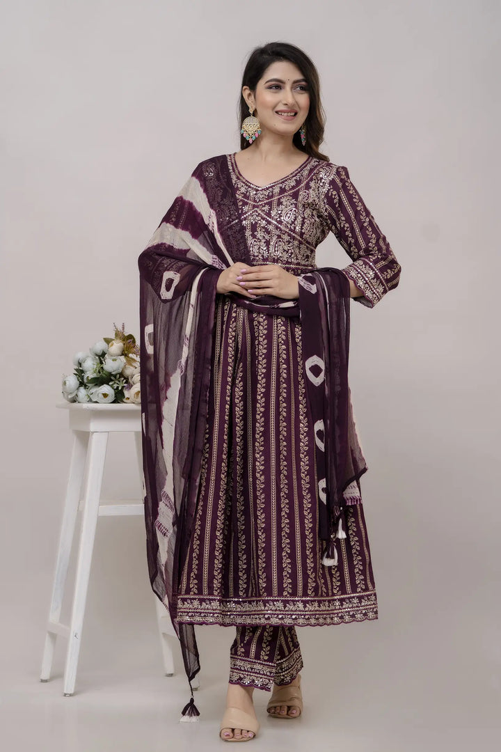 Elegant Wine Kurti Set | Rayon Cotton with Digital Print & Embroidery