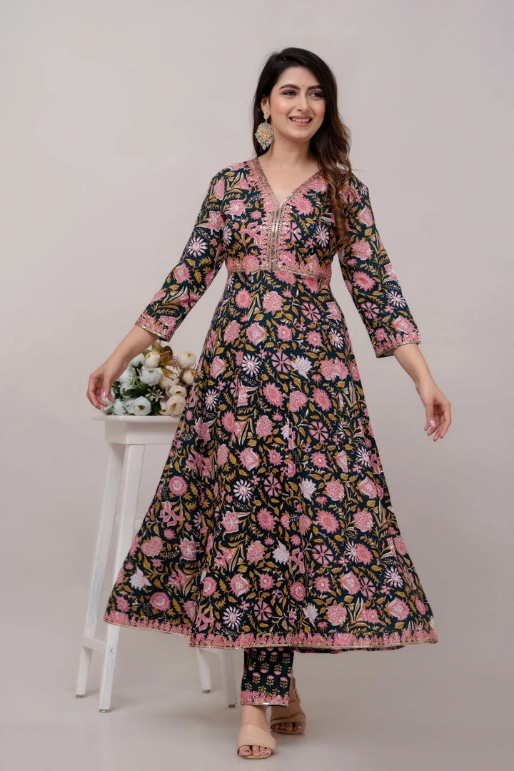 Ready-Made Green Kurti Set | Rayon Cotton | Digital Prints & Embroidery