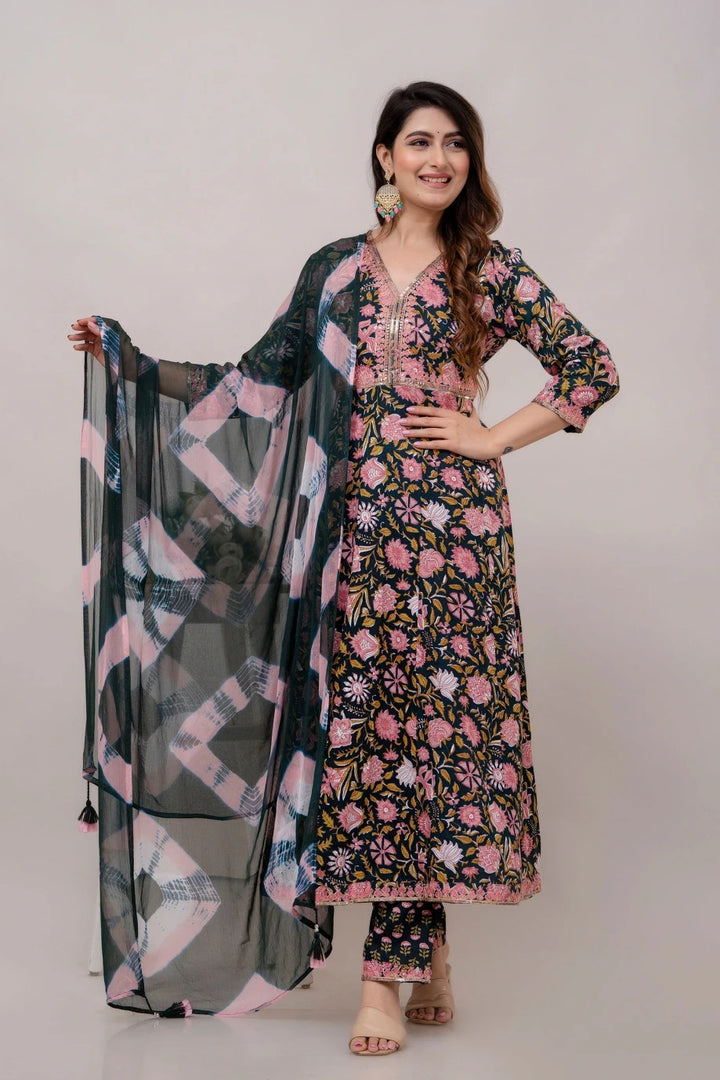 Ready-Made Green Kurti Set | Rayon Cotton | Digital Prints & Embroidery