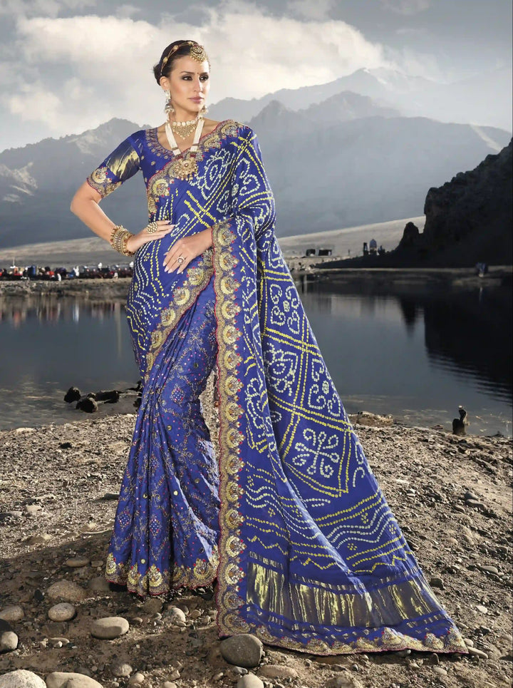 Designer Blue Satin Saree | Heavy Mirror and Kachhi Embroidery for Parties
