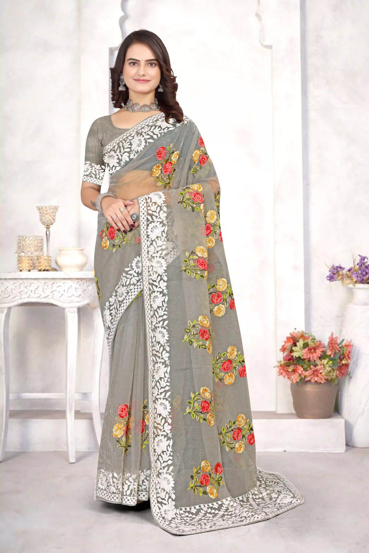 Organza Saree with Heavy Multi-Thread Embroidery Work | Party Wear Elegance