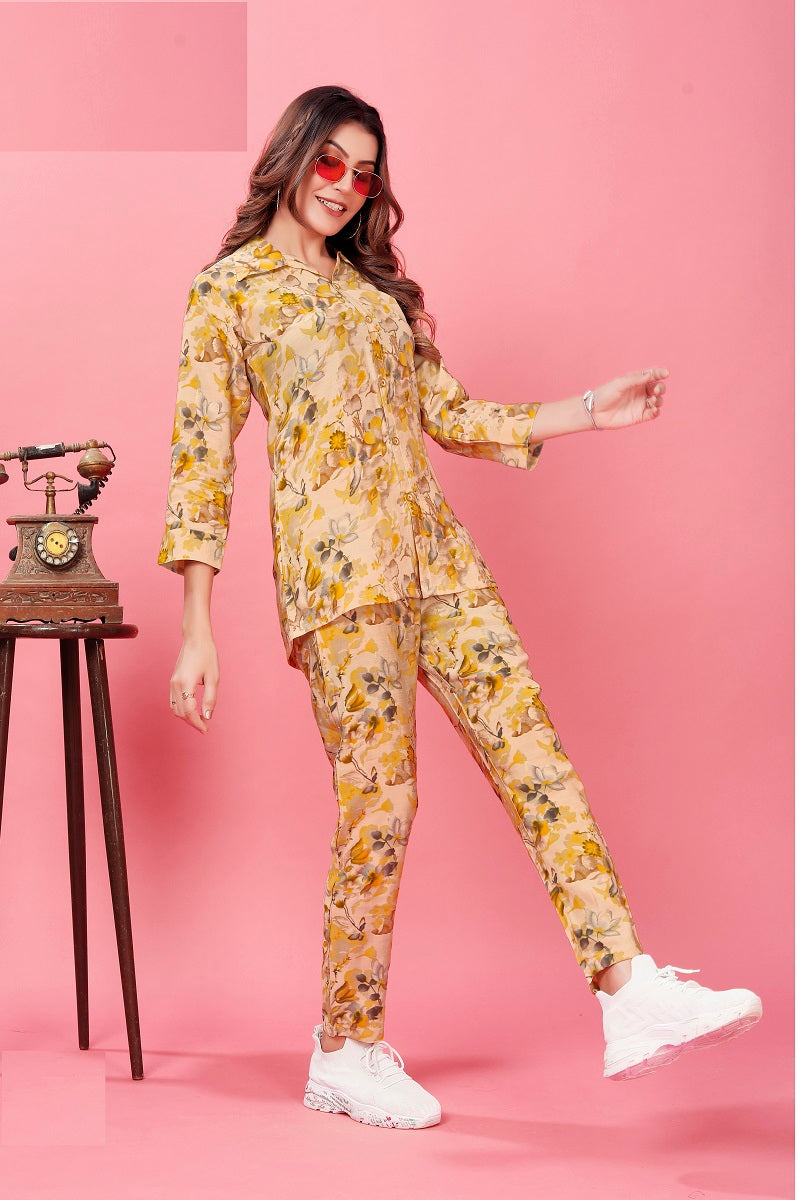 Beige Rayon Co-Ord Set for Women | Designer Printed Casual Outfit