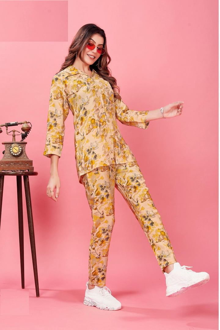Beige Rayon Co-Ord Set for Women | Designer Printed Casual Outfit