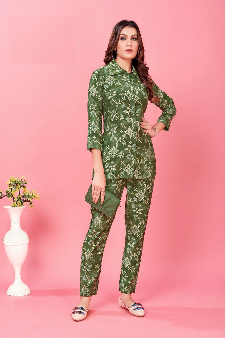Elegant Green Co-Ord Set for Women | Designer Printed Chanderi Outfit