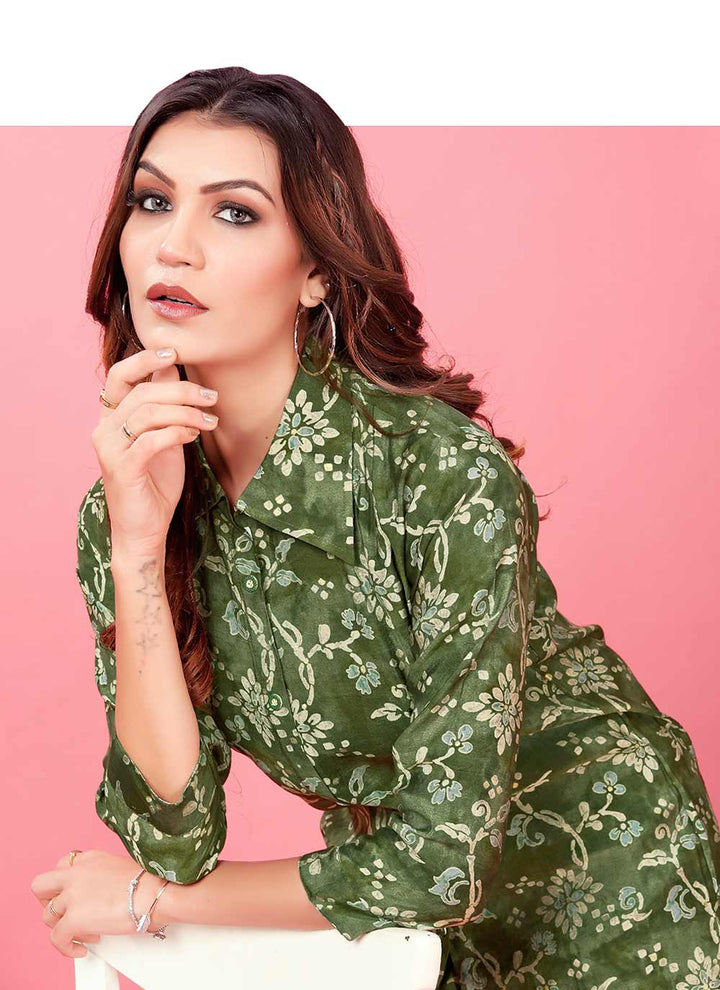 Elegant Green Co-Ord Set for Women | Designer Printed Chanderi Outfit