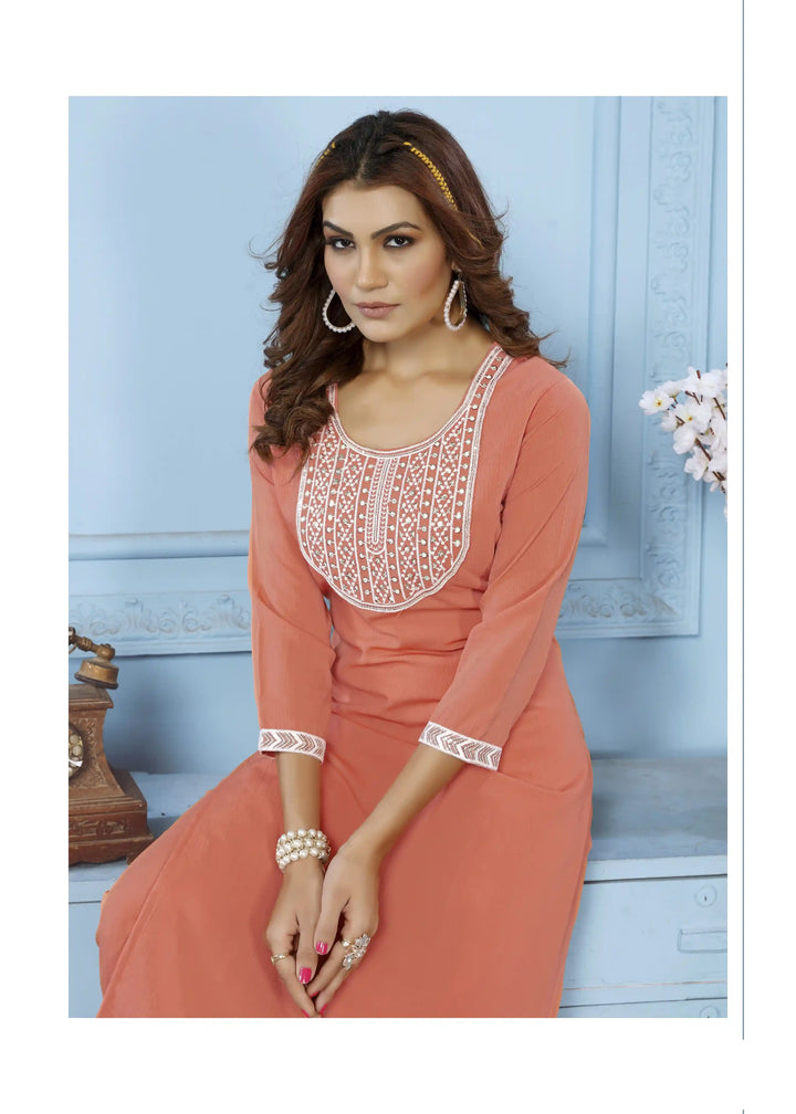 Elegant Rust Rinkal Cotton Kurti | Embroidered Ethnic Kurti Pant Set for Women