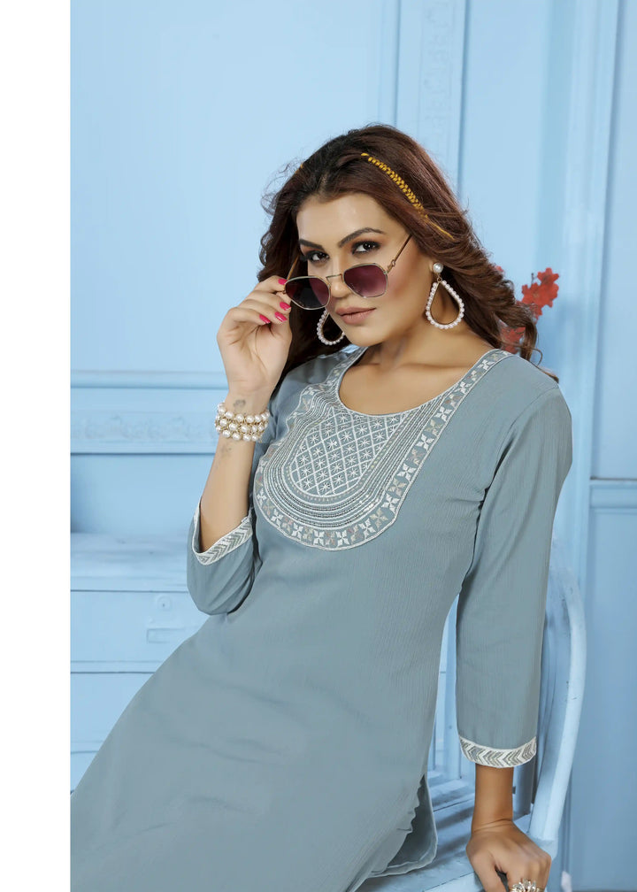 Embroidered Grey Rinkal Cotton Kurti | Casual Ethnic Outfit for Women
