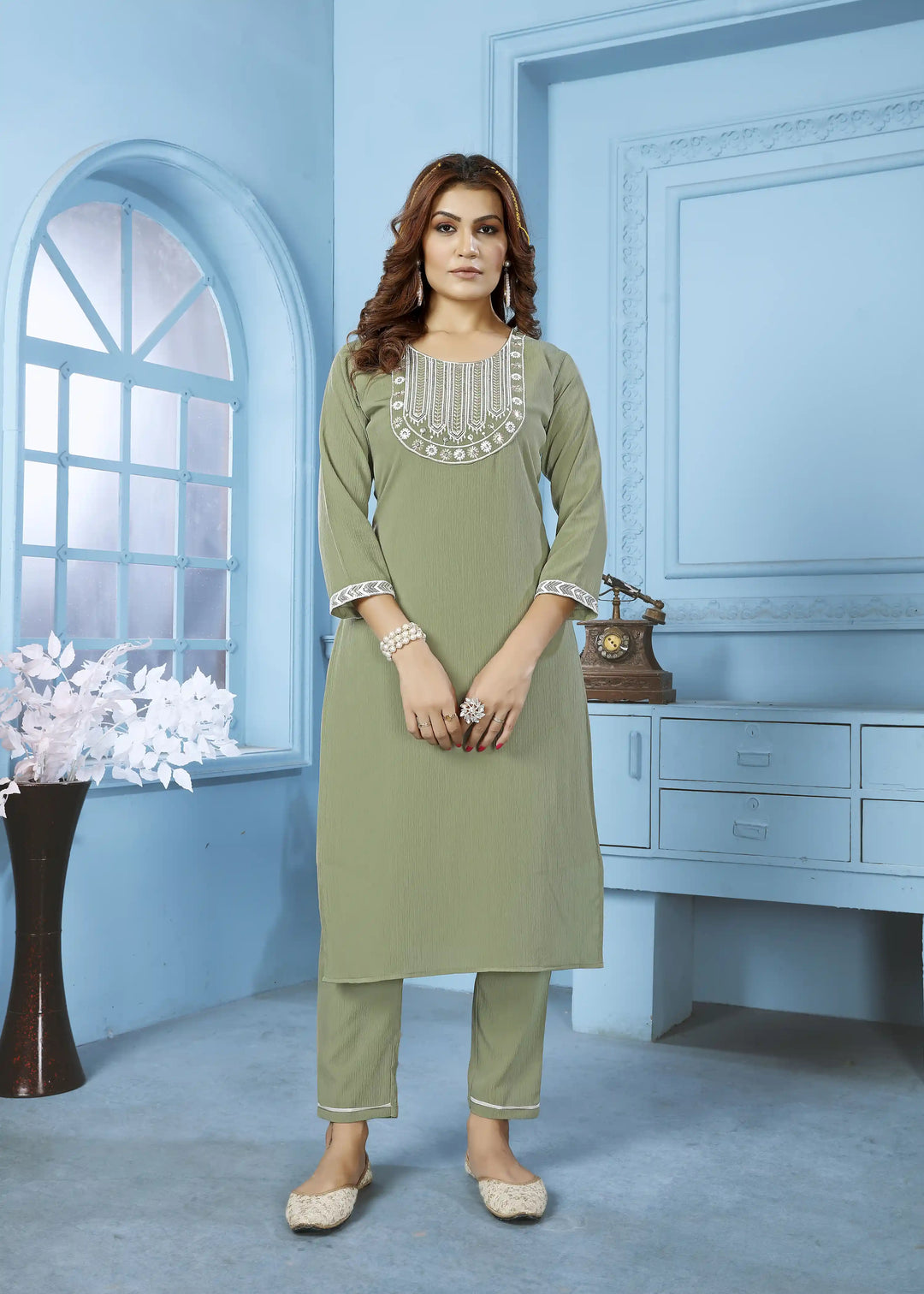 Trendy Pista Green Embroidered Rinkal Cotton Kurti | Women’s Ethnic Pant Set