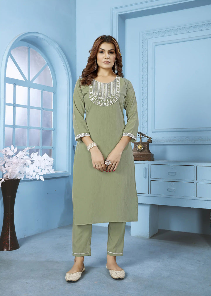 Trendy Pista Green Embroidered Rinkal Cotton Kurti | Women’s Ethnic Pant Set