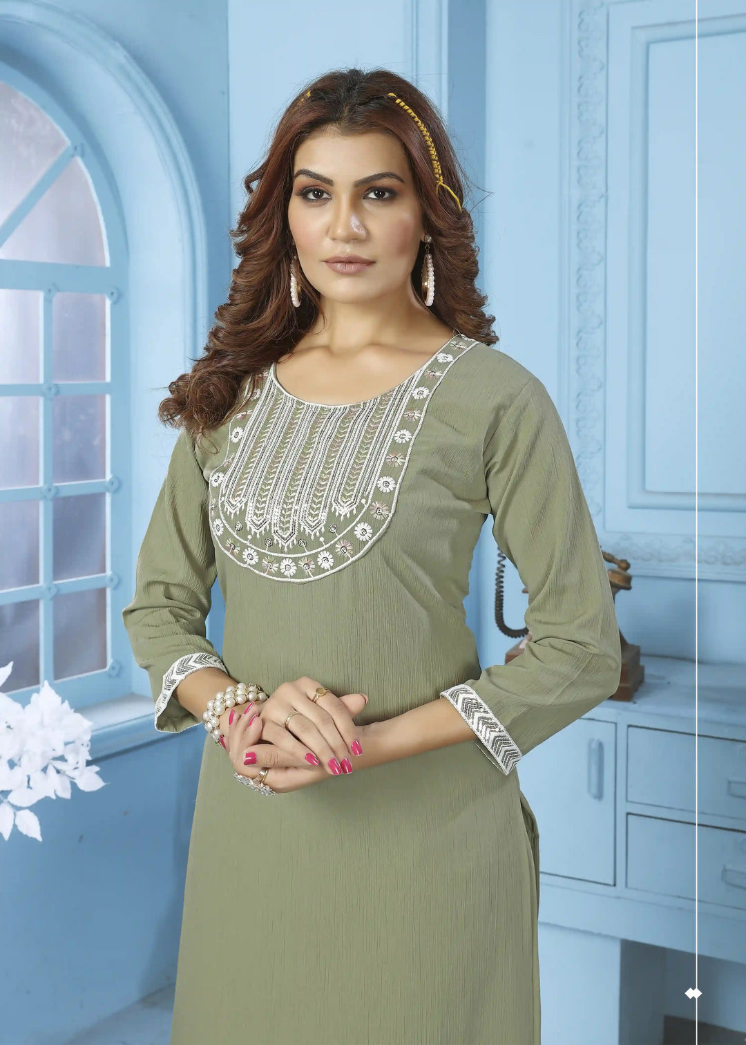 Trendy Pista Green Embroidered Rinkal Cotton Kurti | Women’s Ethnic Pant Set