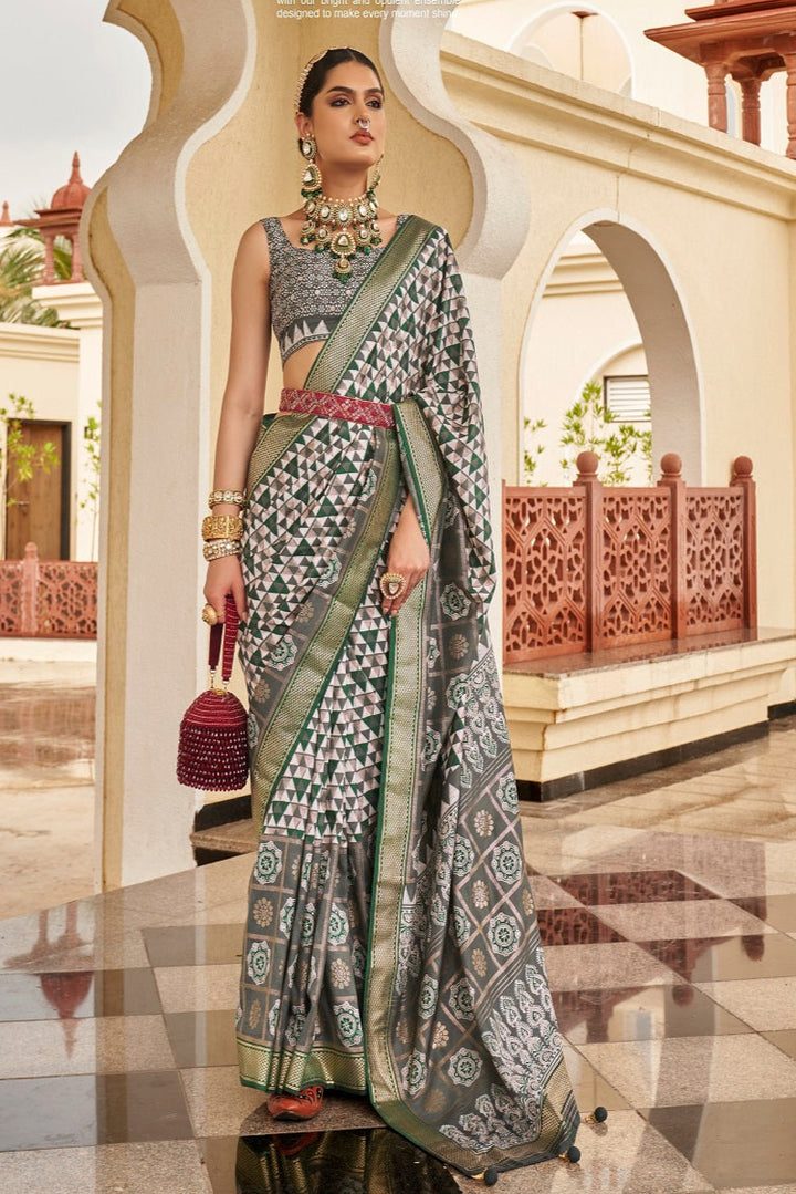 Designer V P Silk Saree | Printed Patola Saree with Wevon Jari Work
