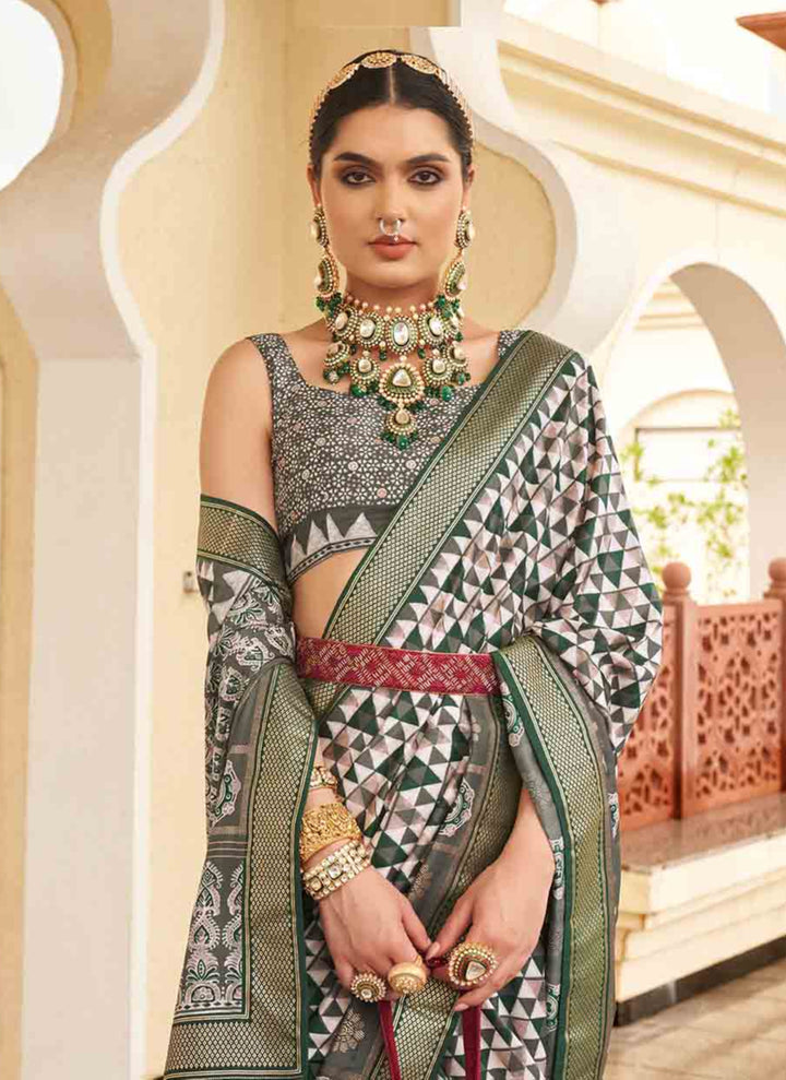Designer V P Silk Saree | Printed Patola Saree with Wevon Jari Work