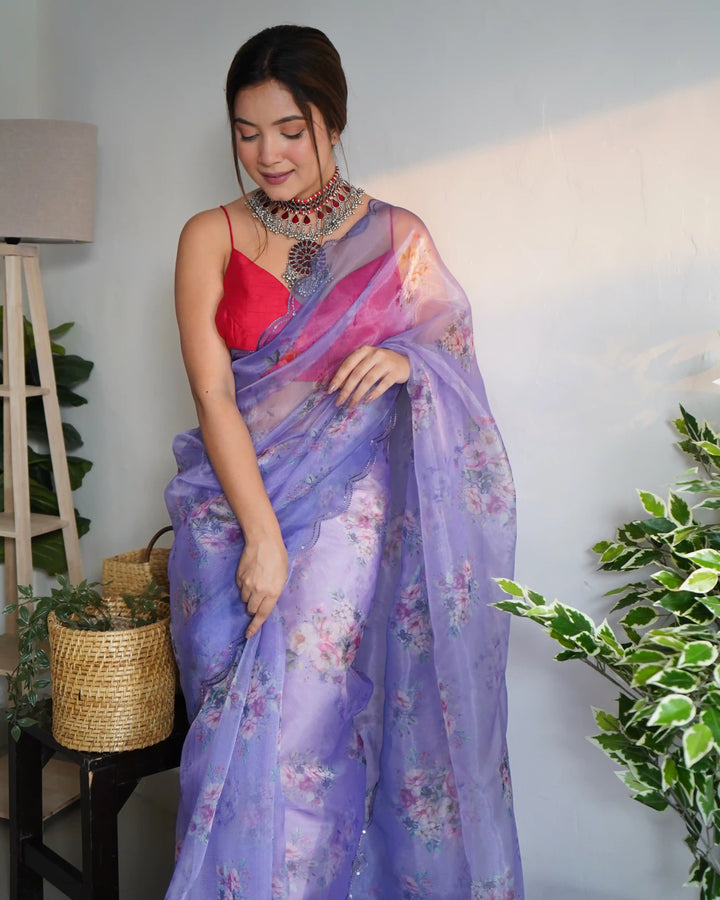 Elegant Digital-Printed Organza Saree with Art-Silk Blouse | Perfect for Weddings & Festive Events