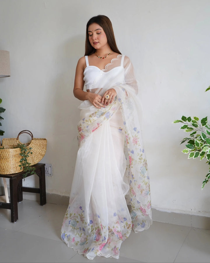 Digital Printed Organza Saree with Cut-Work & Sequins | Festive Elegance
