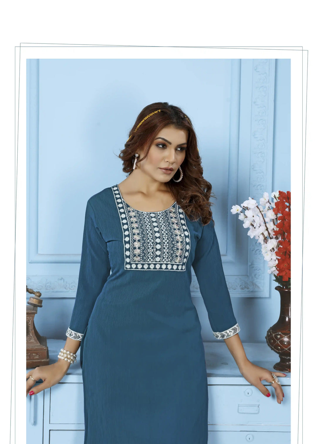 Stylish Rinkal Cotton Kurti Set | Embroidered Kurti with Pant for Women