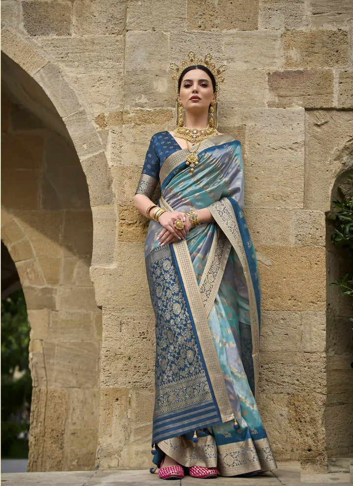 V P Silk Saree | Weaving Jari Designer with Aqua Finish for Party Wear