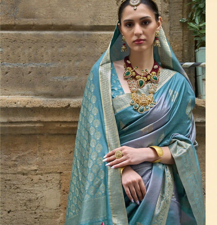 V P Silk Saree | Weaving Jari Designer with Aqua Finish for Party Wear