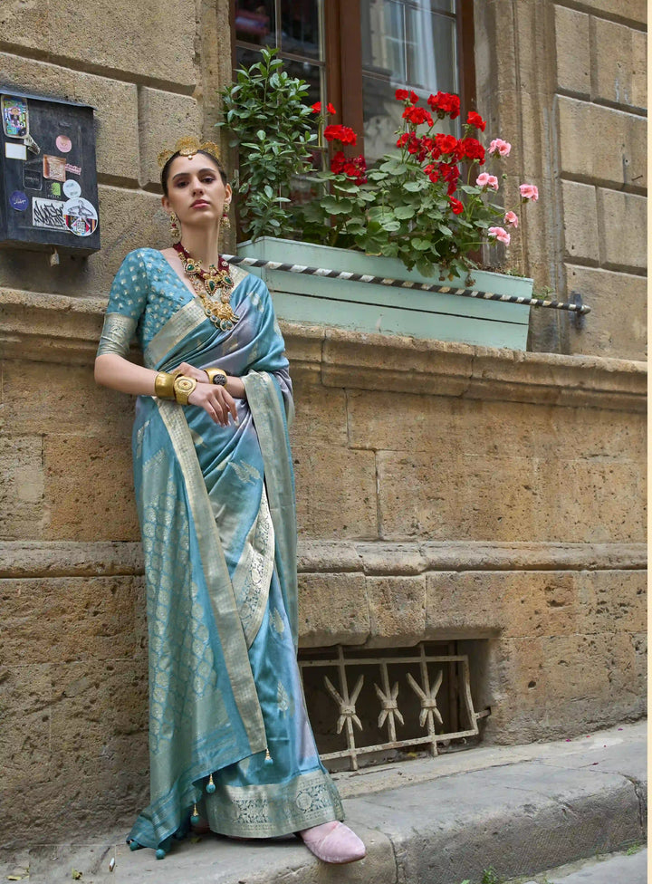 V P Silk Saree | Weaving Jari Designer with Aqua Finish for Party Wear