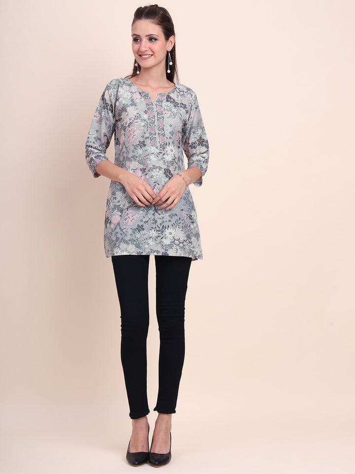 Stylish Grey Cotton Kurti | Elegant Designer Digital Prints