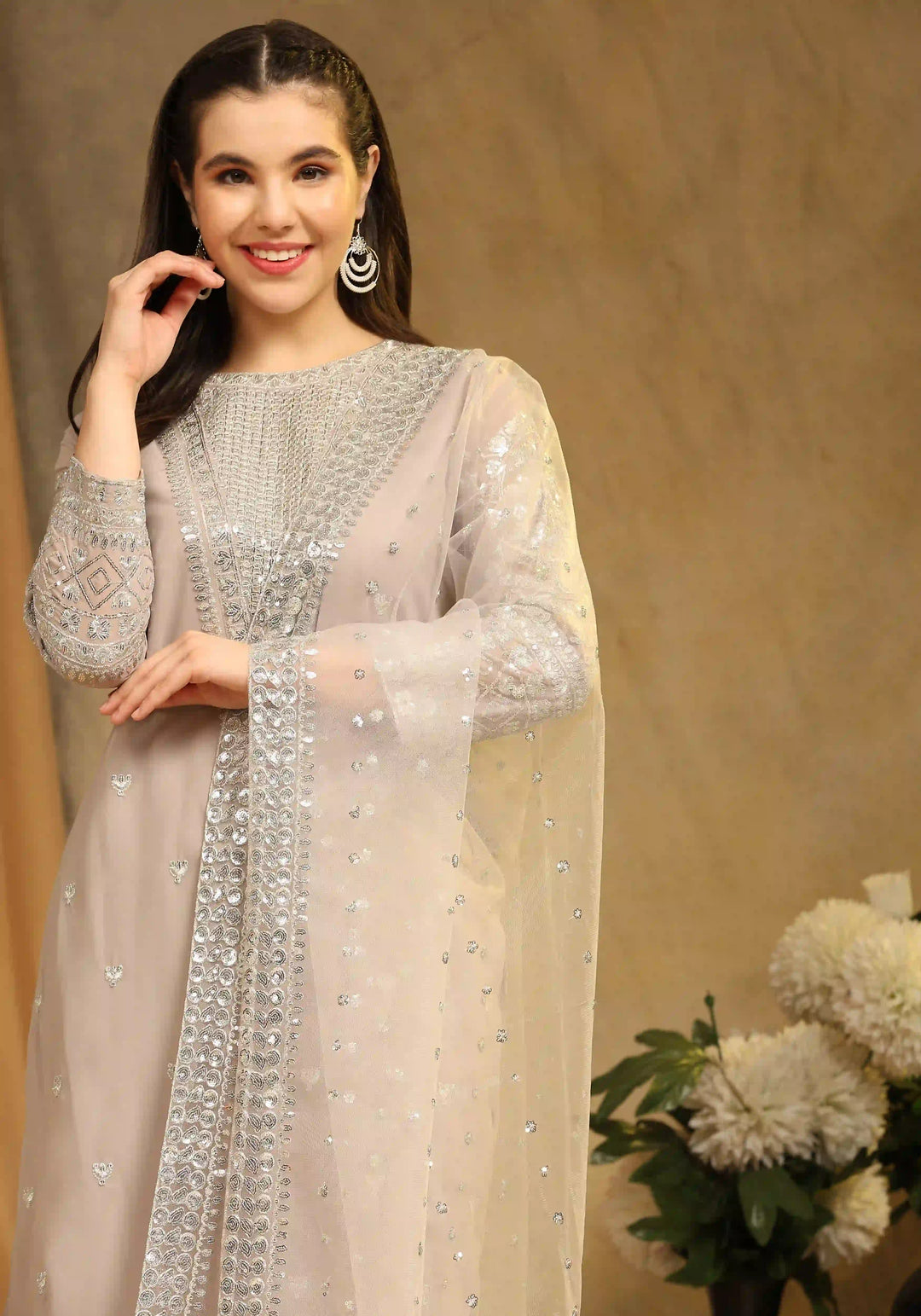 Festive Faux Georgette Suit | Designer Embroidery & Net Dupatta
