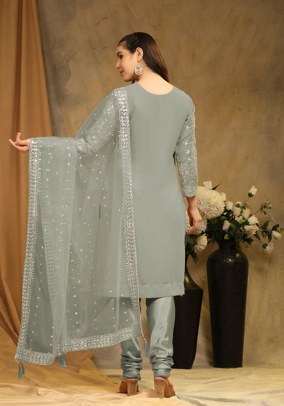 Festive Faux Georgette Suit | Designer Embroidery & Net Dupatta
