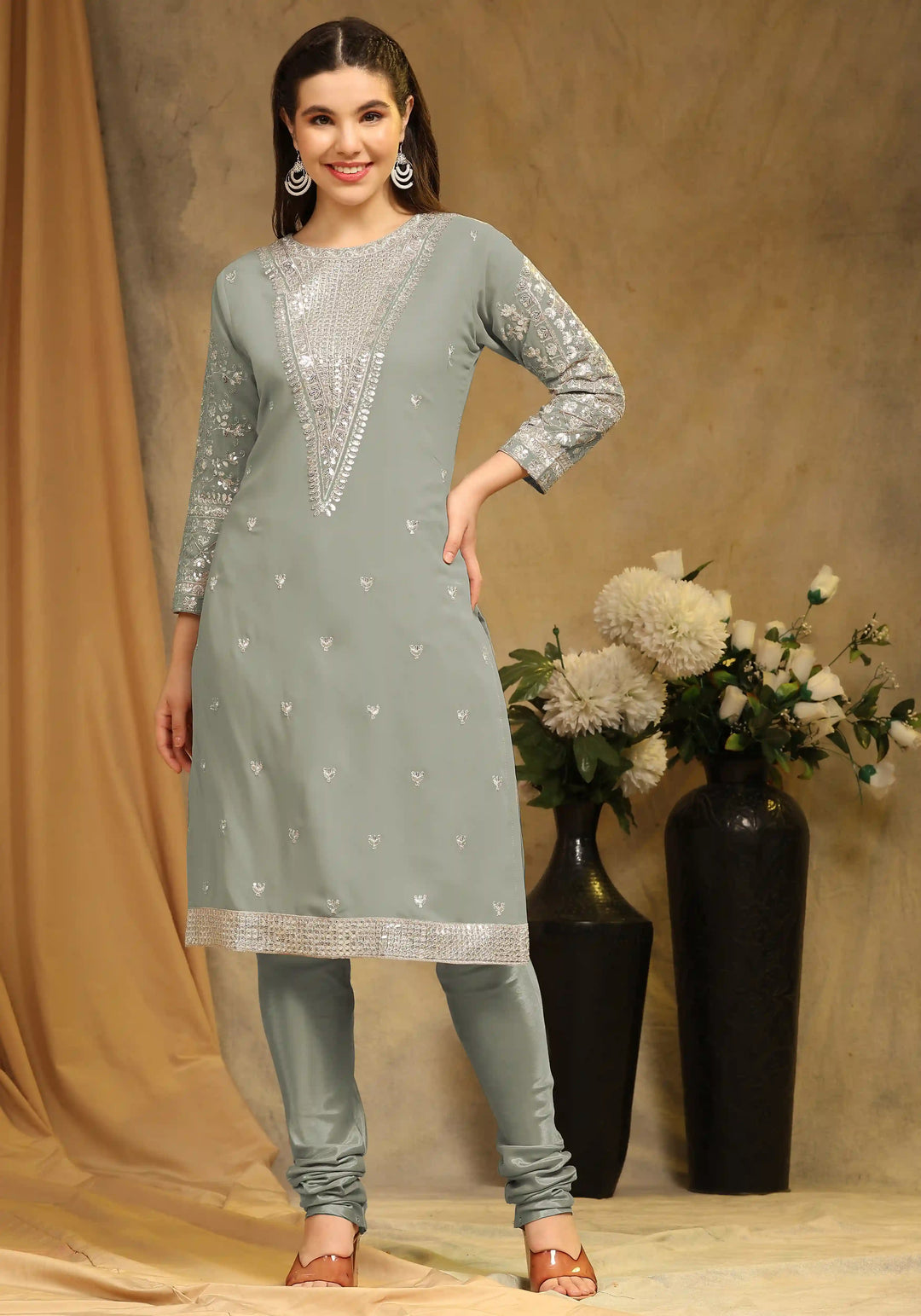 Festive Faux Georgette Suit | Designer Embroidery & Net Dupatta