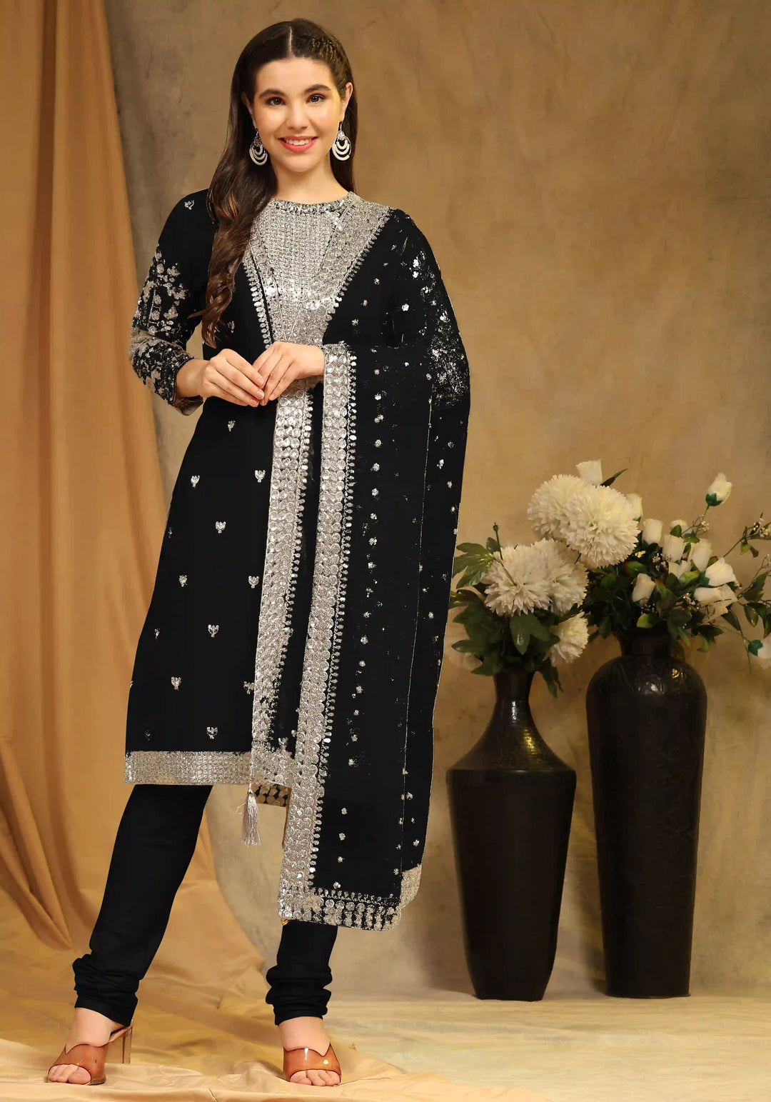 Festive Faux Georgette Suit | Designer Embroidery & Net Dupatta