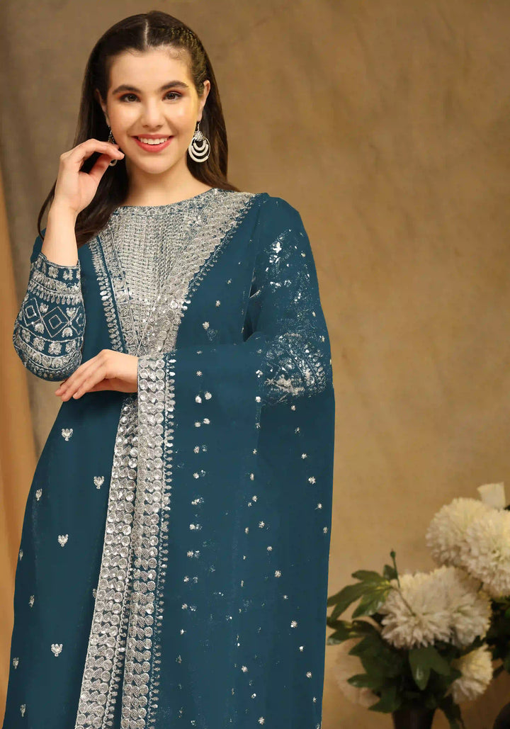 Festive Faux Georgette Suit | Designer Embroidery & Net Dupatta