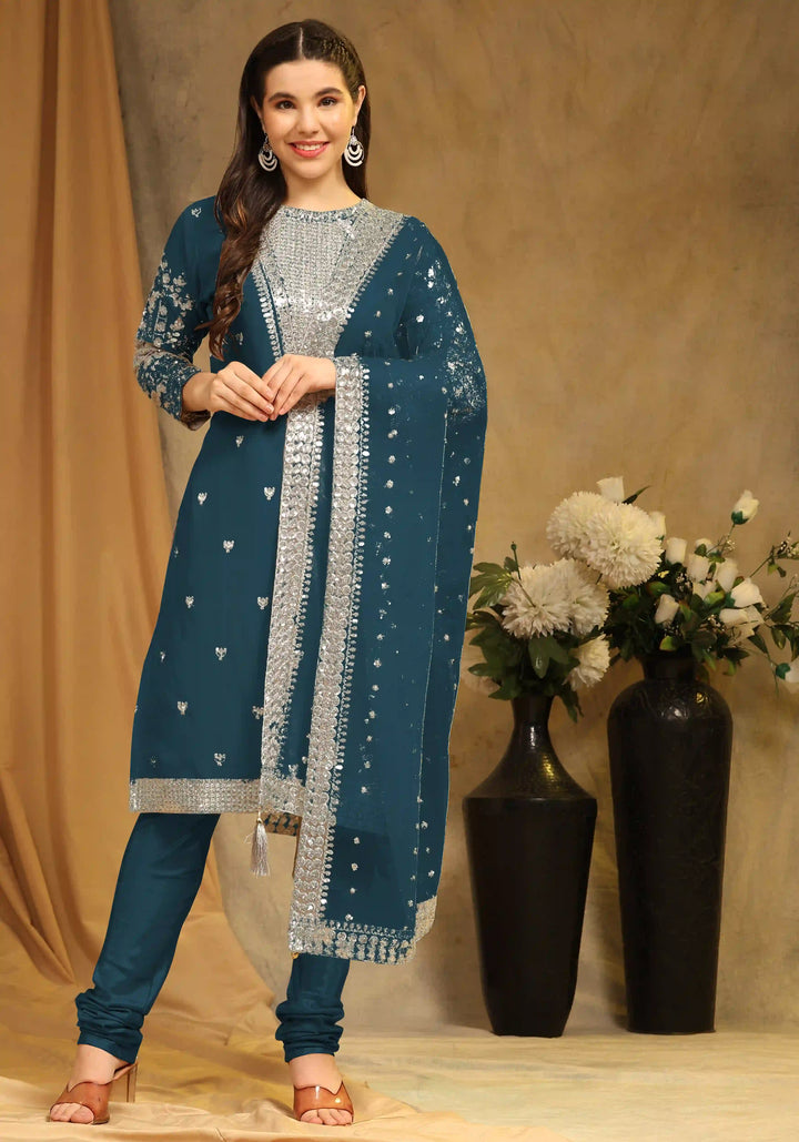 Festive Faux Georgette Suit | Designer Embroidery & Net Dupatta