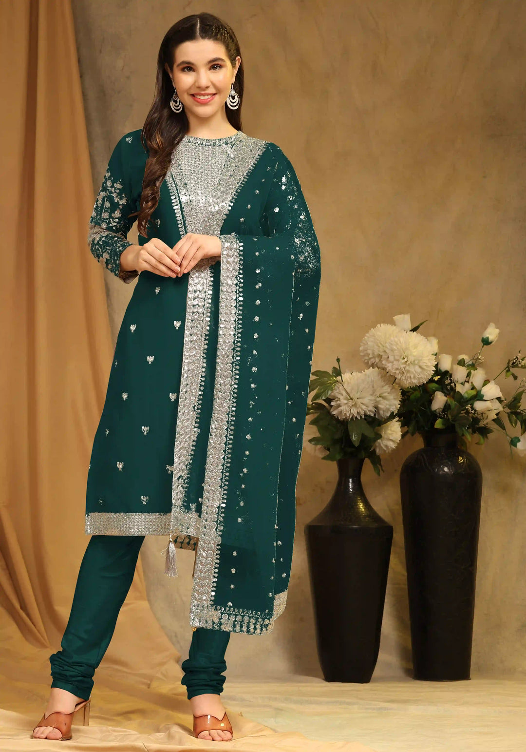 Festive Faux Georgette Suit | Designer Embroidery & Net Dupatta